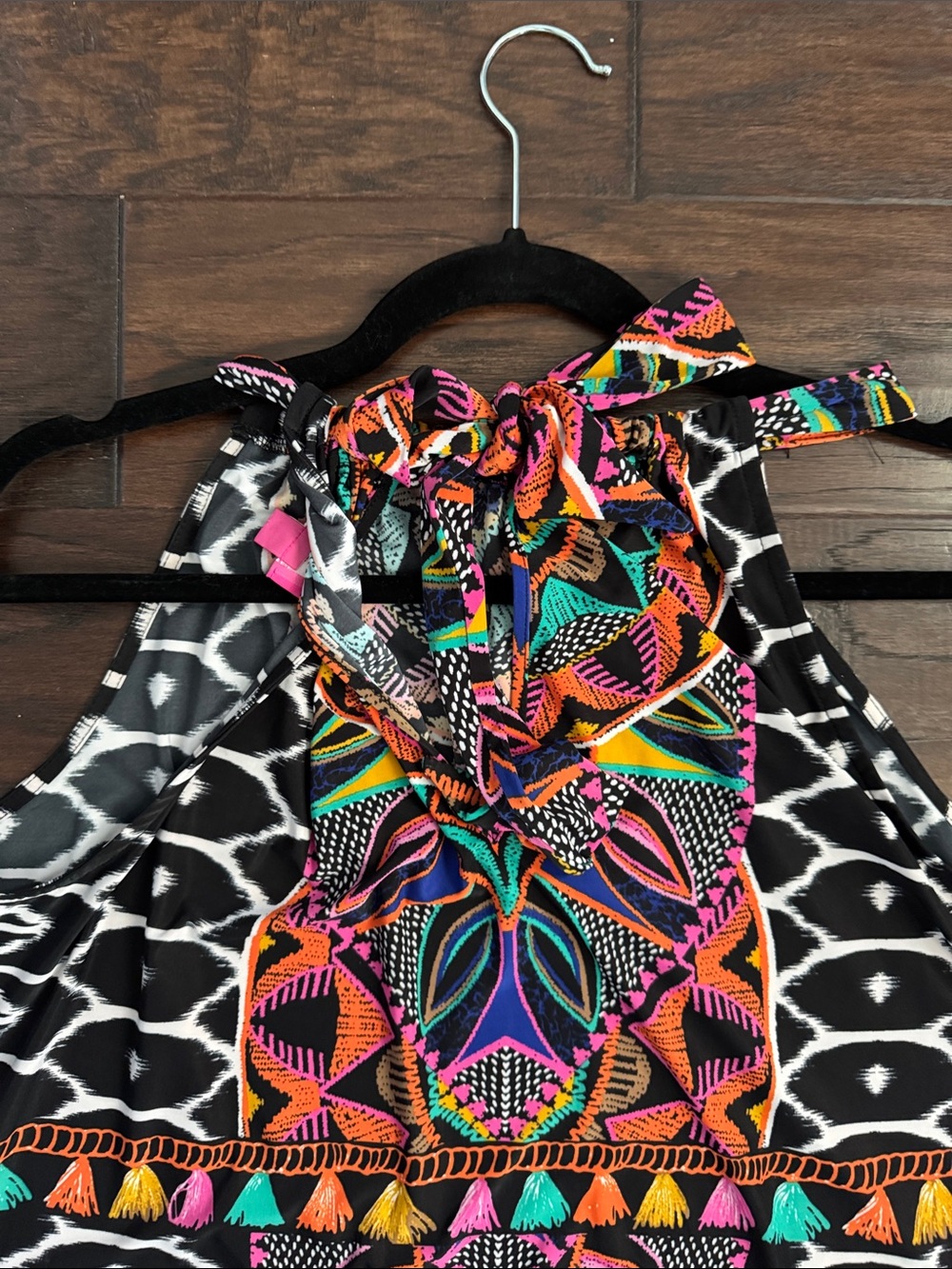 INC International Concepts Mini Dress Black Large Halter with Neon Tribal Motif - Picture 10 of 11